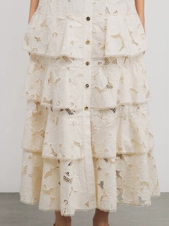 Sandro Dresses & Skirts - Sandro Paris flower Lace White cake Tiered Ivory Lace Button-Front Midi Skirt